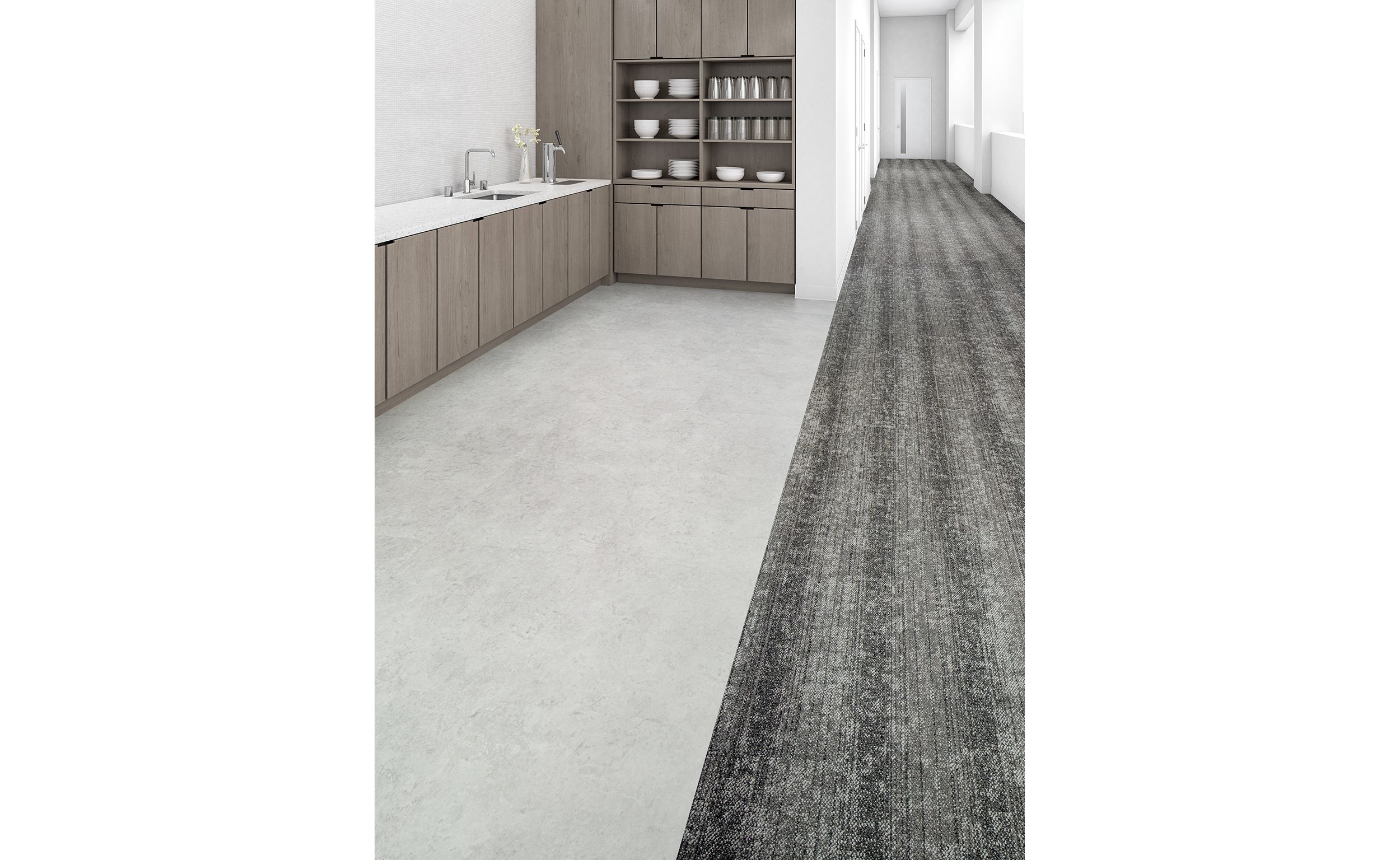 Interface Veiled Brushwork carpet tile and Textured Stones LVT in office break area numéro d’image 3